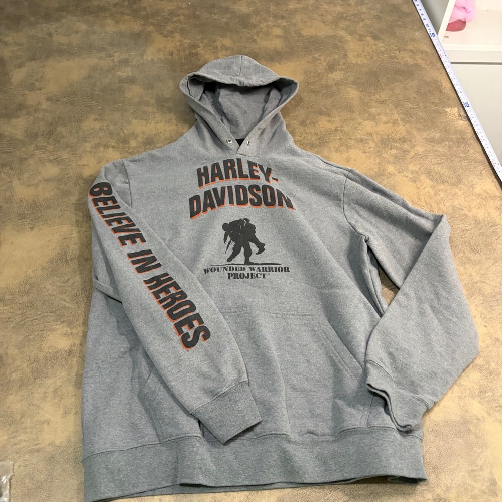 Harley-Davidson Hoodie Mens L Gray Wounded Warrior Project *MISSING STRING*